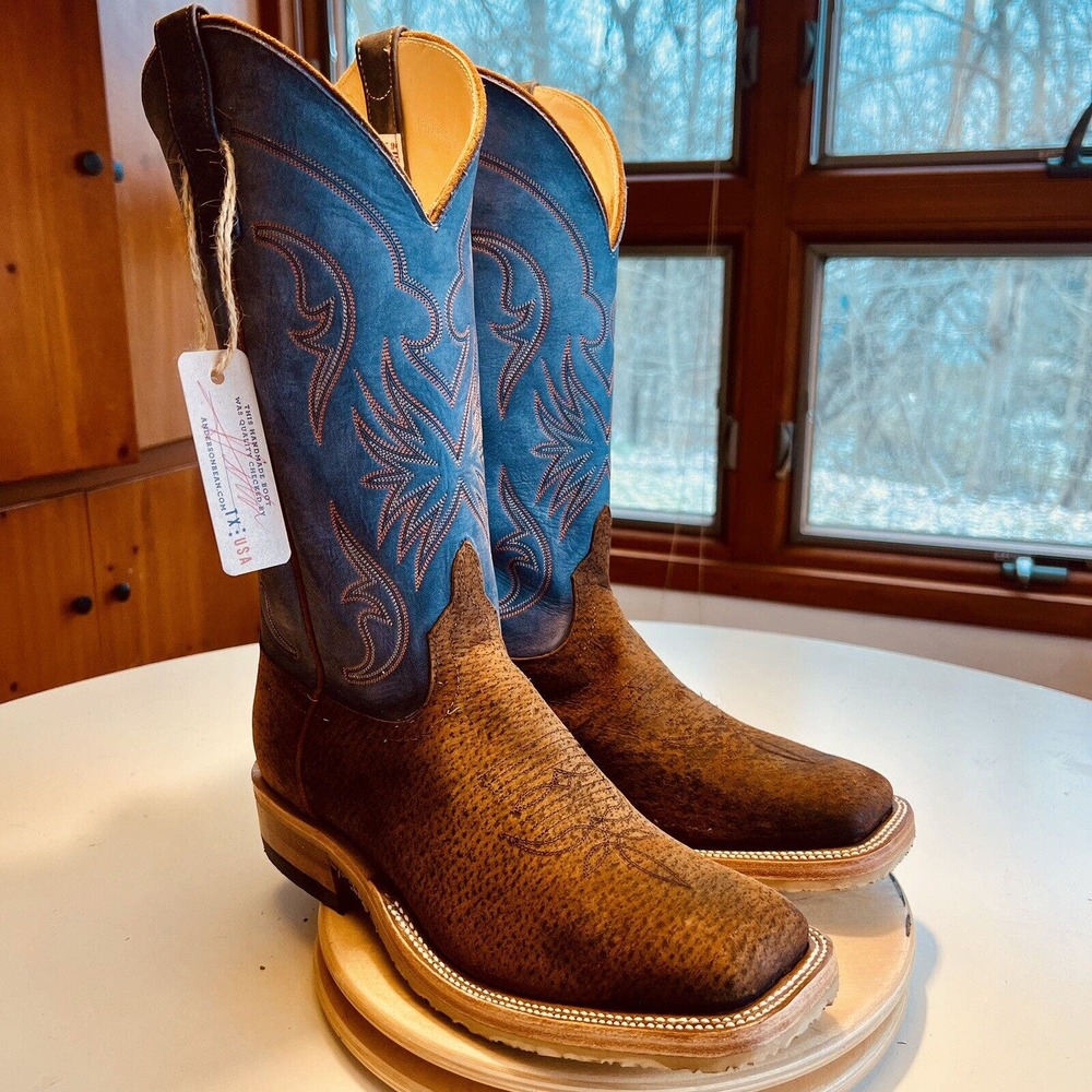 Anderson Bean Cowboy Boots Tag Boar Blue Aged 335516 Men’s 9.5 EE Wide NWT